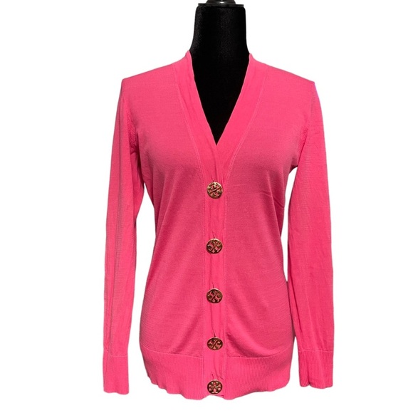 Tory Burch Simone Button-Down Big Logo Gold Buttons Cardigan - Picture 1 of 12